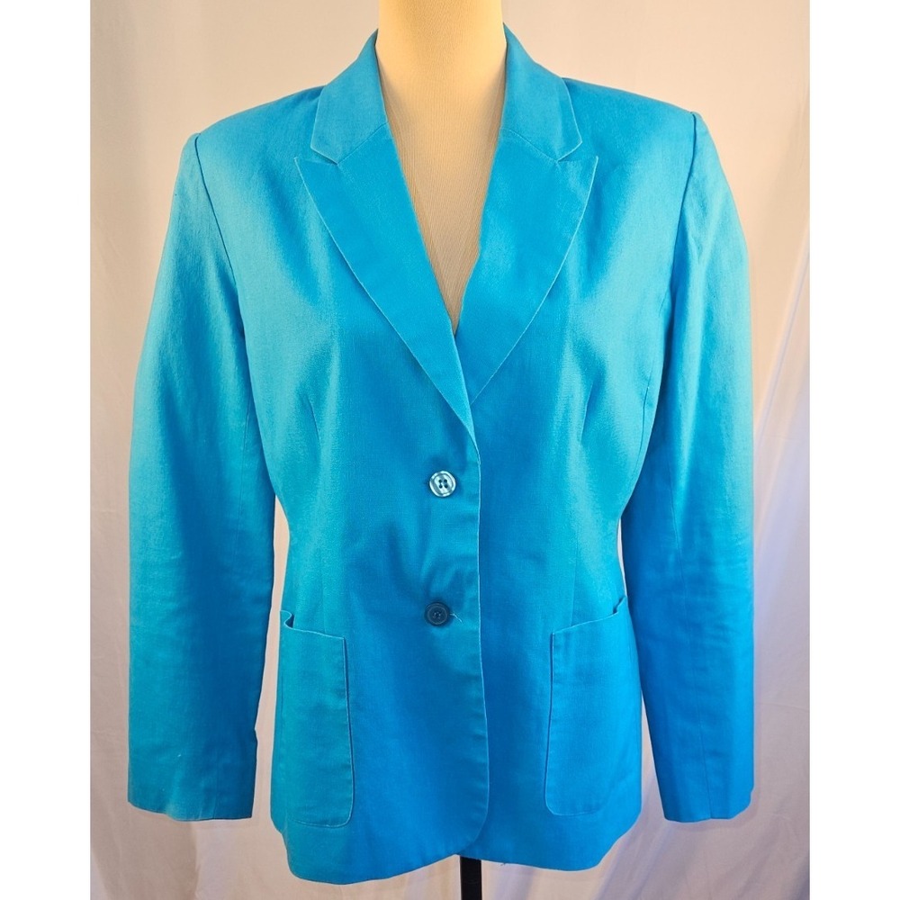 Chadwicks Teal Turquoise Linen‎ Cotton Blazer Petite 10P Career Jacket Coastal